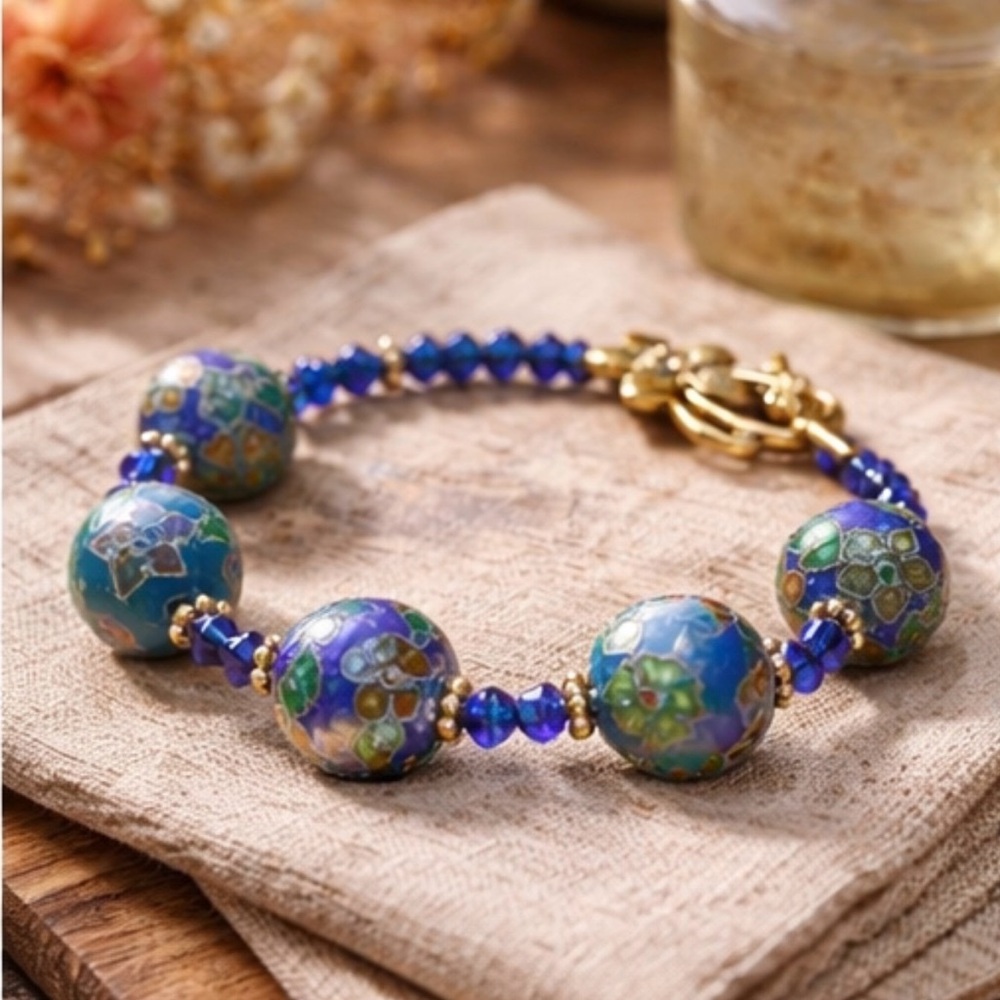 Vintage Cloisonné Floral Bead Bracelet Blue Crystal Gold Flower Clasp
